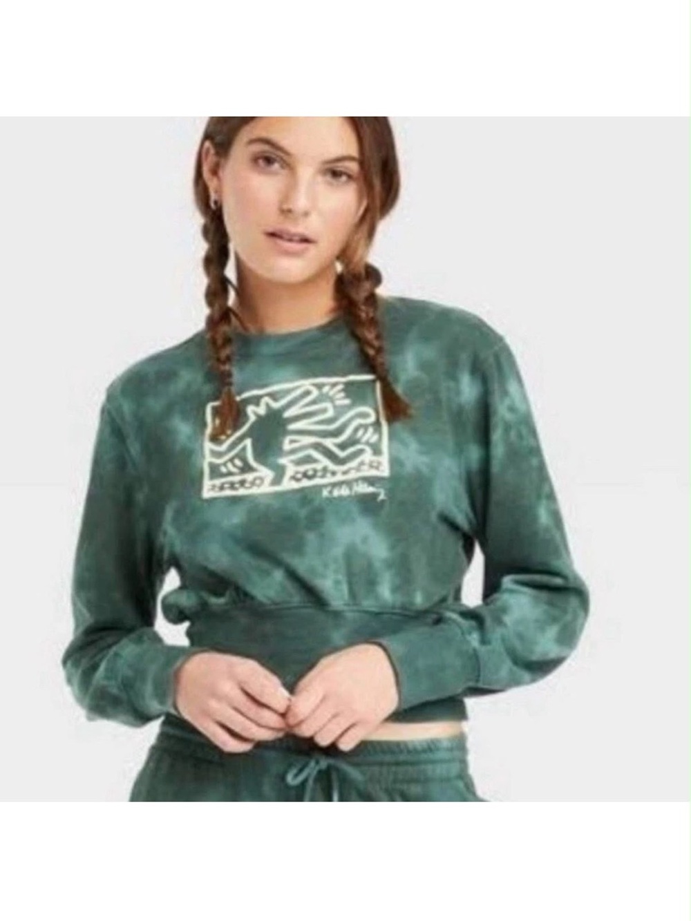 NWT Keith Haring Green Tie Dye Cropped Crewneck Sweatshirt